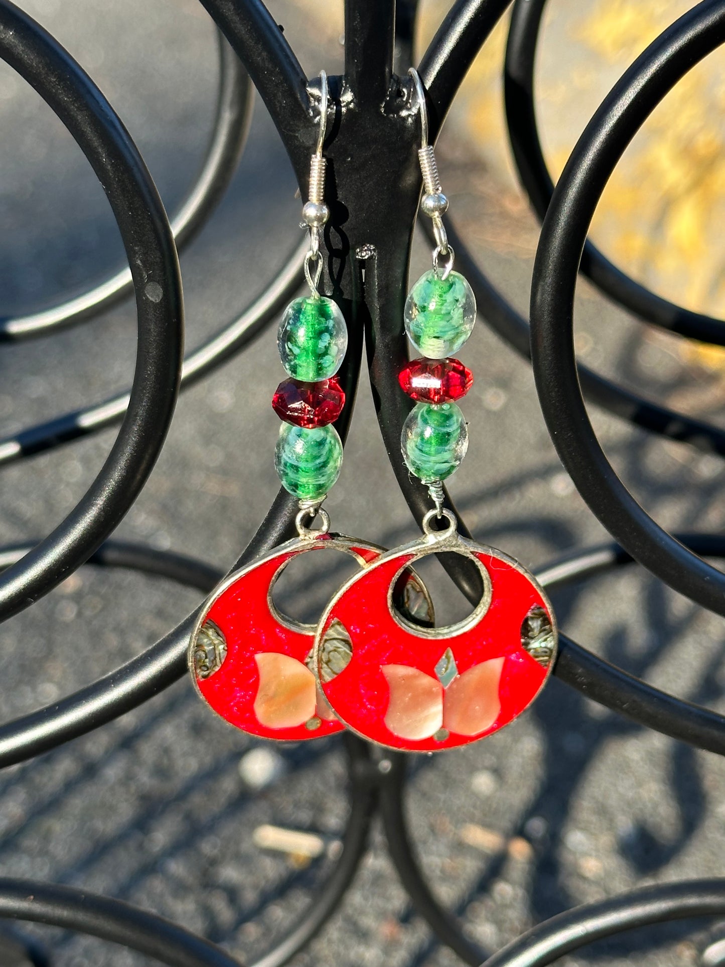 Red and Green Butterfly Abalone Earrings