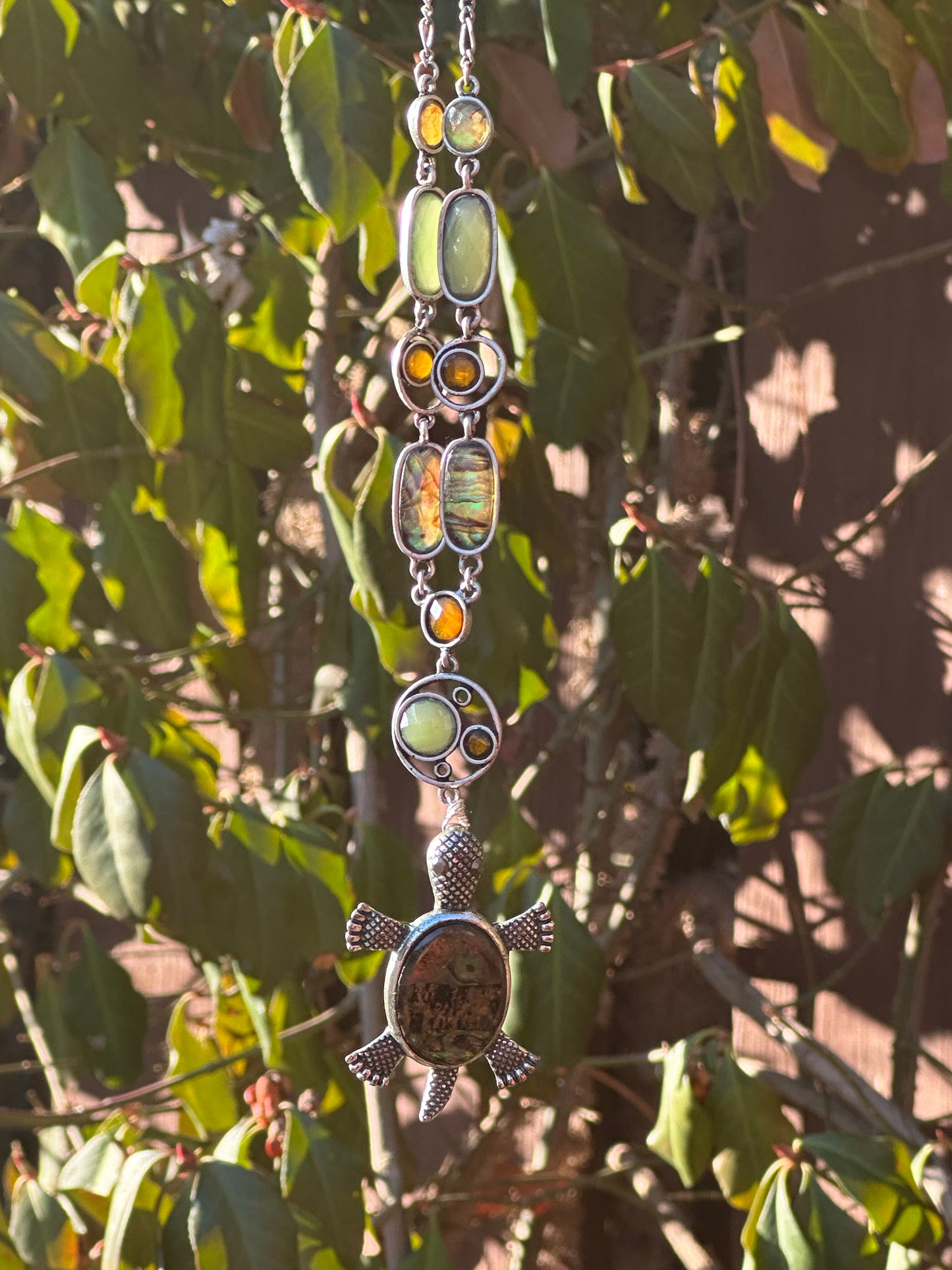 Burnt Orange and Green Necklace with Brown and Green Turtle