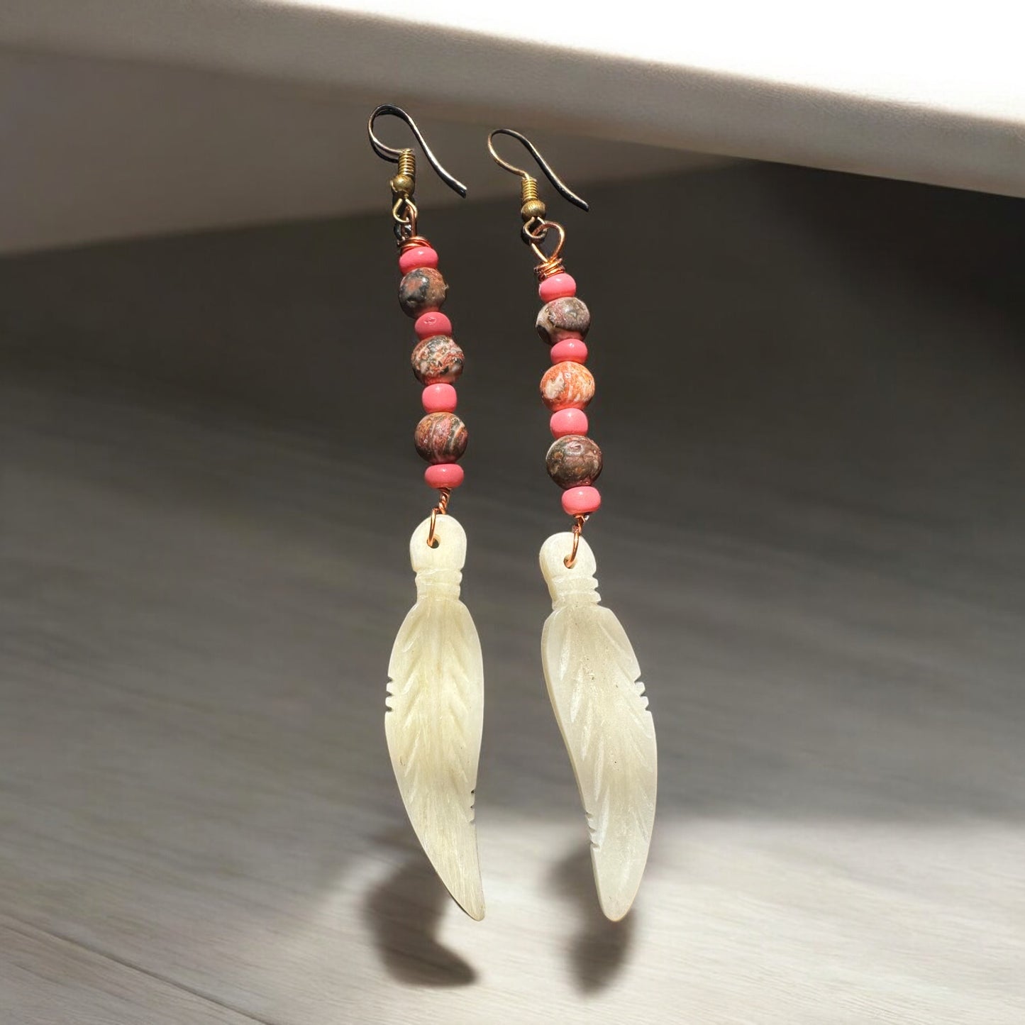 Pink and Brown Feather Earrings