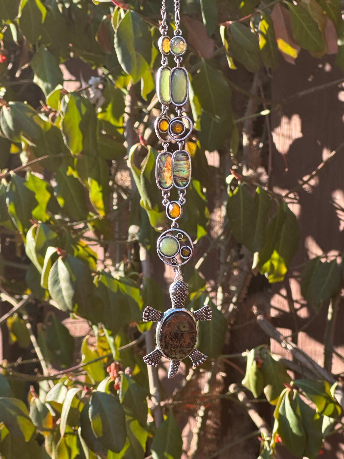 Burnt Orange and Green Necklace with Brown and Green Turtle