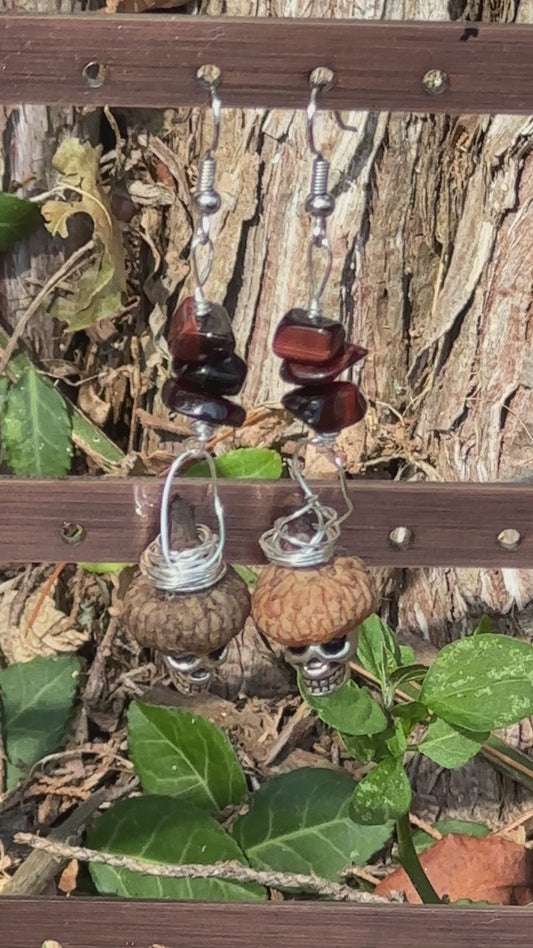 Acorn Cap Skull & Tigers Eye Earrings