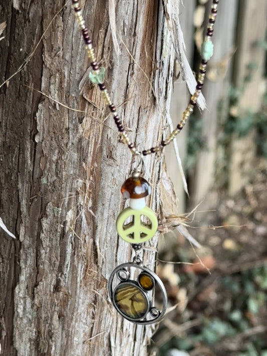 Brown, Green, Gold Mushroom and Peace Sign Necklace